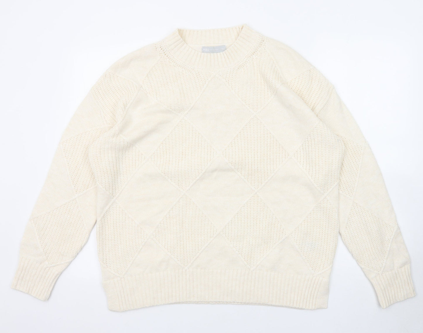 Marks and Spencer Womens Beige Mock Neck Argyle/Diamond Cotton Pullover Jumper Size L