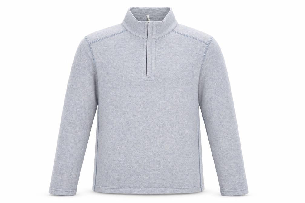 Front view of Kirkland men’s blue cotton pullover sweatshirt, size M, zip