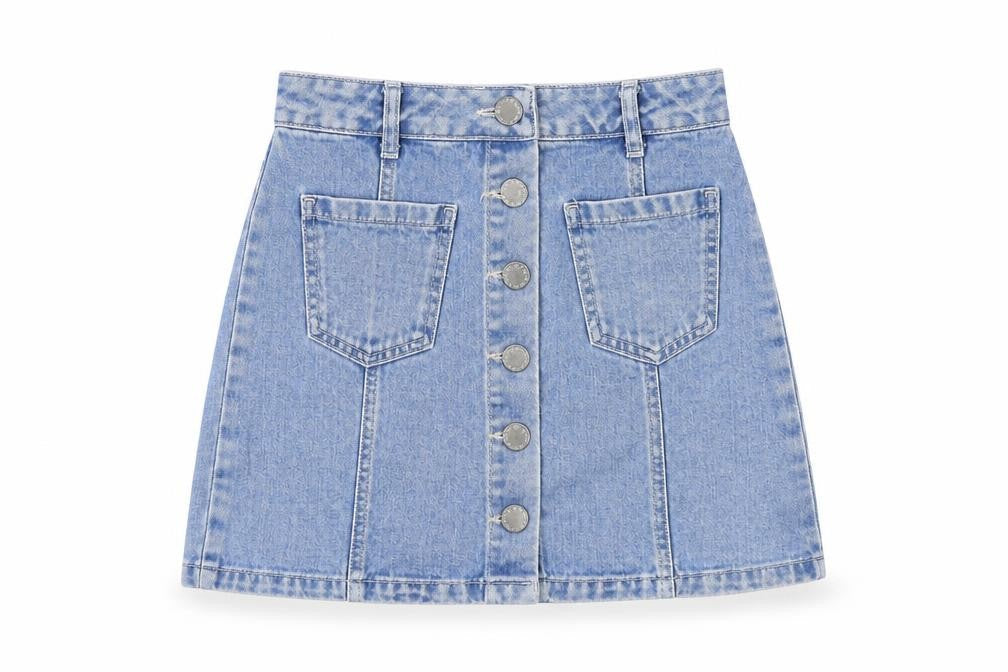 Front view of Miss Selfridge women’s blue cotton a-line skirt, size UK 6, button