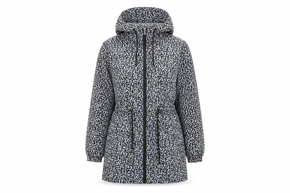 Front view of Roman women’s grey geometric rain coat coat, size S, zip