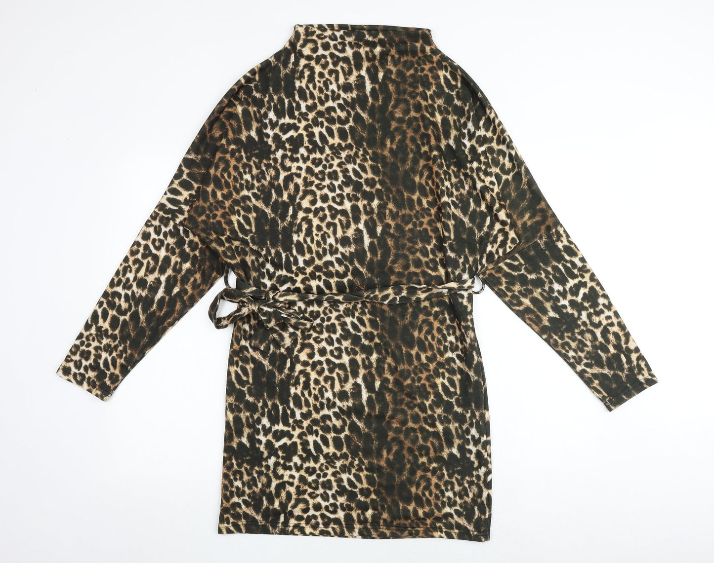 PRETTYLITTLETHING Womens Multicoloured Animal Print Polyester Fit & Flare Size 6 Mock Neck Tie - Leopard Print
