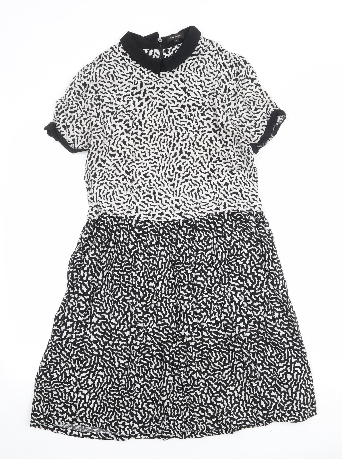 River Island Womens Black Geometric Viscose A-Line Size 8 Round Neck Zip