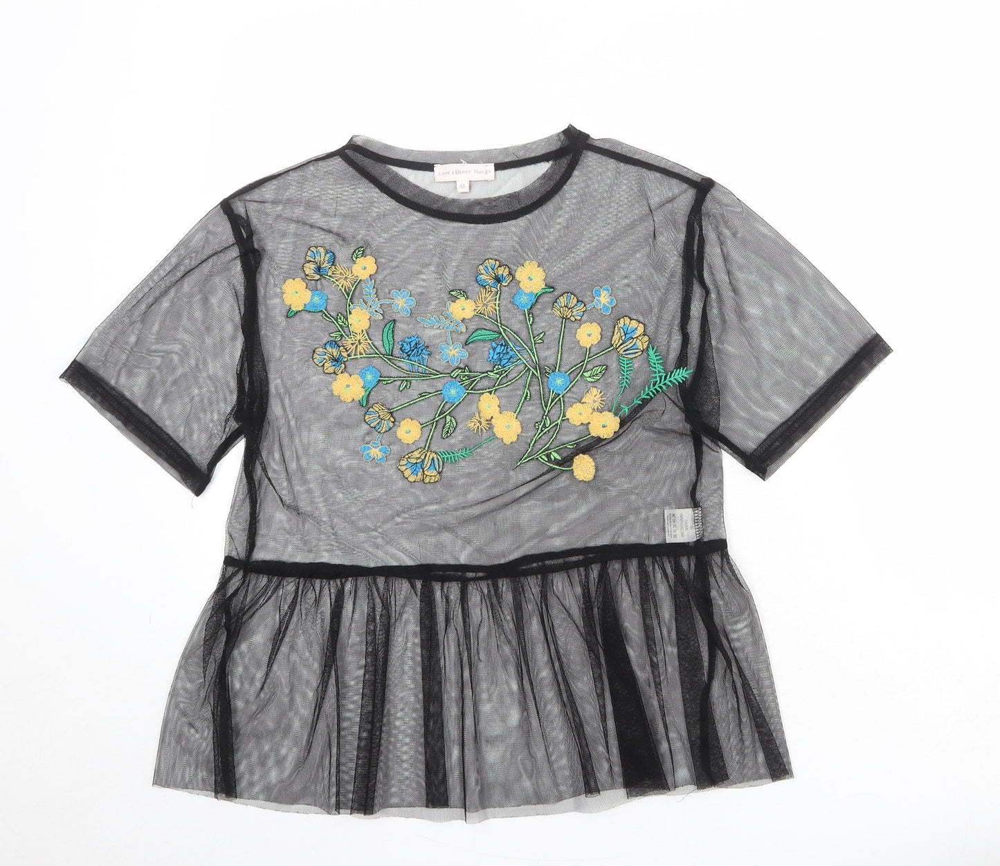 Love & Other Things Womens Black Polyester Basic Blouse Size M Round Neck - Flower