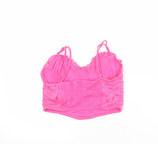 Stradivarius Womens Pink Cotton Cropped Tank Size S Sweetheart - Shirred Back Corset Style