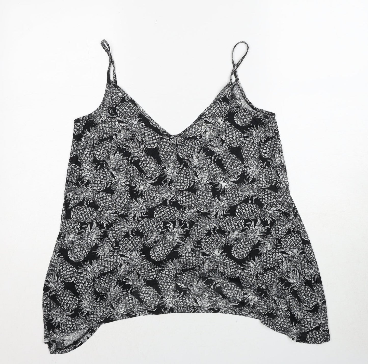 H&M Womens Black Geometric Polyester Basic T-Shirt Size S V-Neck - Pineapple