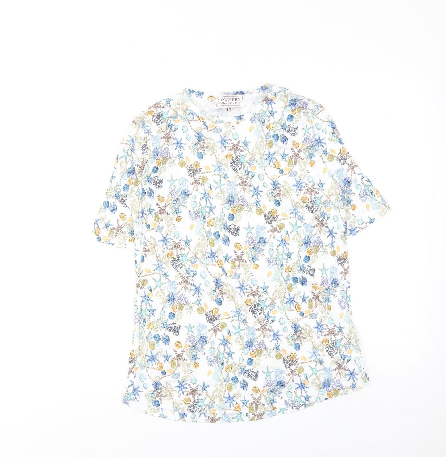 Country Collection Womens Multicoloured Geometric Cotton Basic Blouse Size XS Round Neck - Starfish and Seashells Print