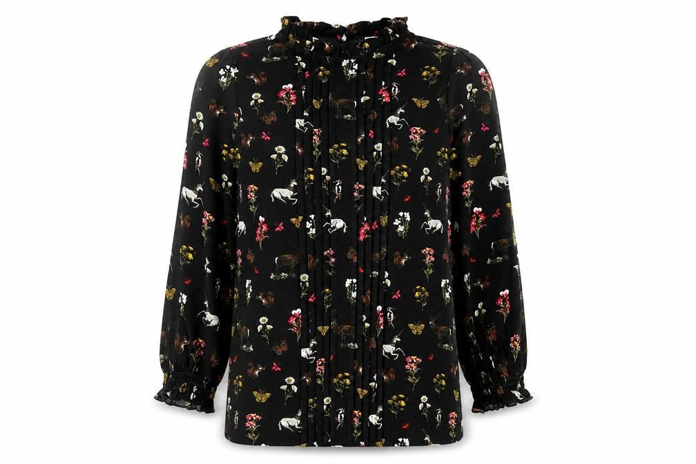Oasis Womens Black Geometric Polyester Basic Blouse Size XS Round Neck - Flowers and Unicorn Print