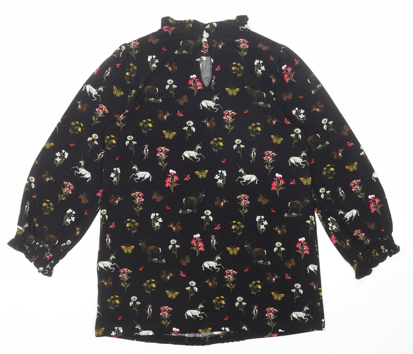 Oasis Womens Black Geometric Polyester Basic Blouse Size XS Round Neck - Flowers and Unicorn Print