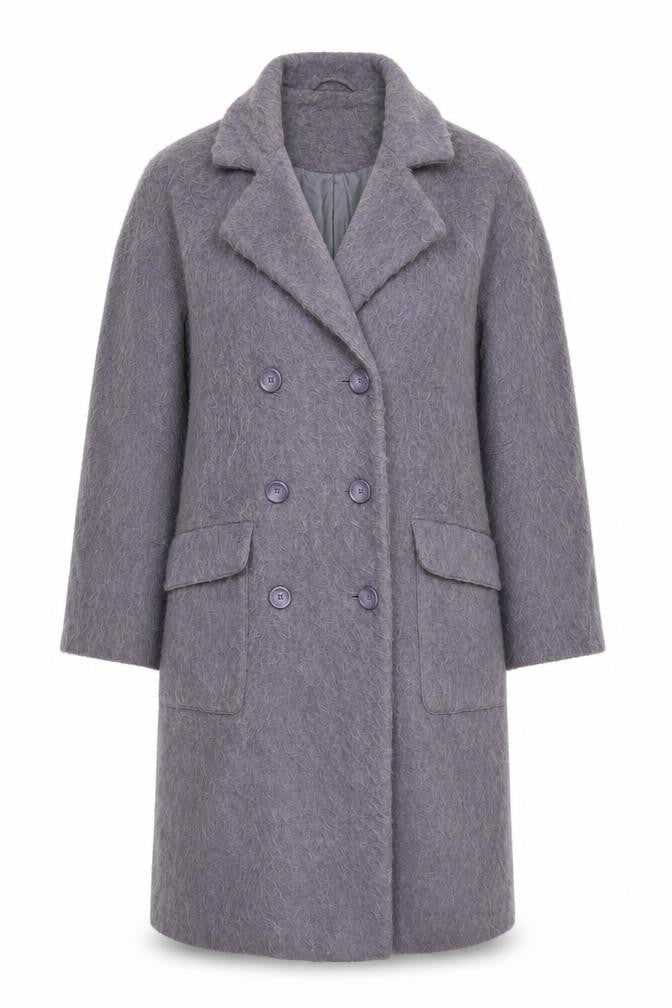 Front view of ASOS women’s purple pea coat coat, size UK 10, button