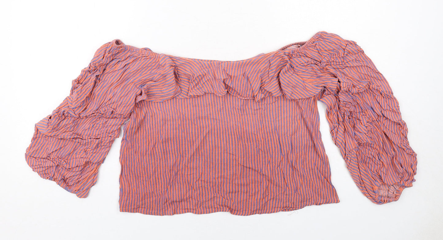 Sweewe Womens Orange Striped Viscose Basic Blouse Size S Boat Neck