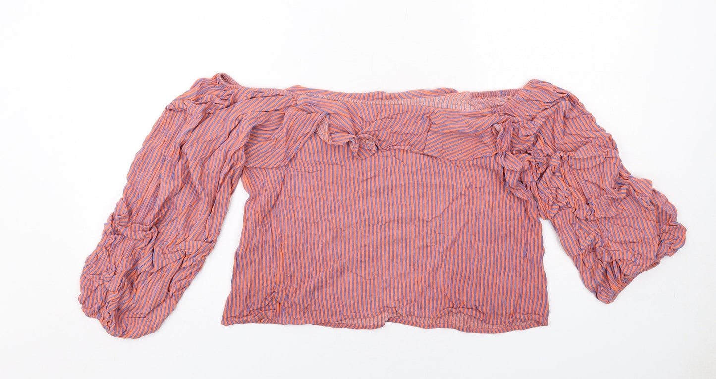 Sweewe Womens Orange Striped Viscose Basic Blouse Size S Boat Neck
