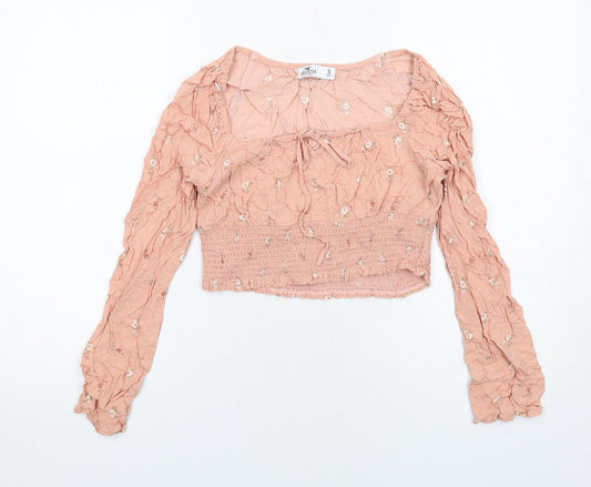 Hollister Womens Pink Floral Viscose Cropped Blouse Size S Scoop Neck