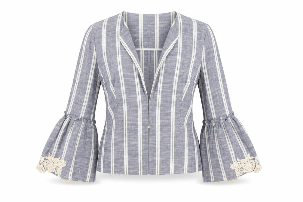 Zara Womens Blue Striped Jacket Blazer Size XS - Crocheted Lace Detail