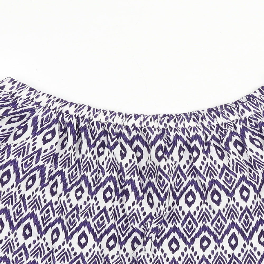 NEXT Womens Blue Geometric Viscose Basic Blouse Size 8 Off the Shoulder - Tie Sleeve Detail