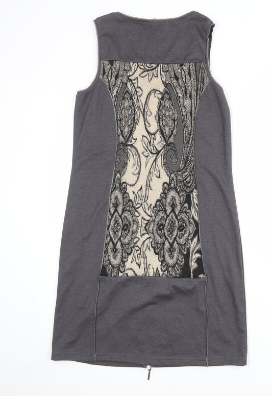 Crisca Womens Grey Geometric Polyester Shift Size S Round Neck Zip