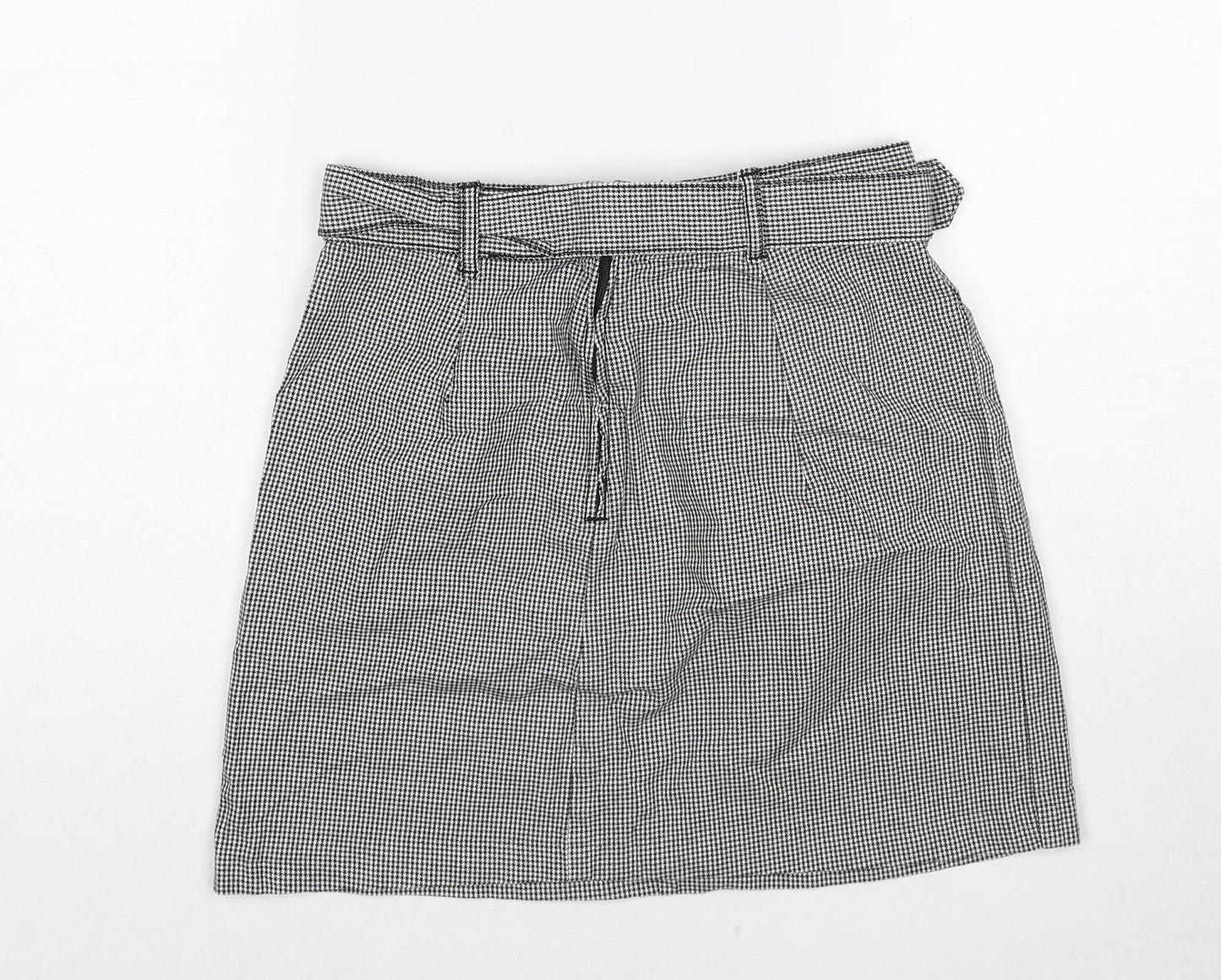 H&M Womens Grey Geometric Cotton A-Line Skirt Size 8 Zip - Houndstooth Pattern Belted