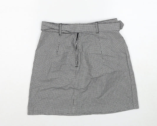 H&M Womens Grey Geometric Cotton A-Line Skirt Size 8 Zip - Houndstooth Pattern Belted