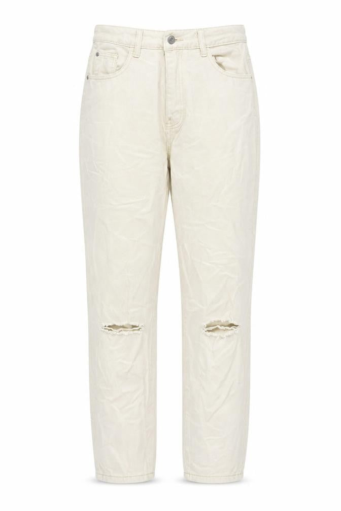 Front view of Missguided women’s beige cotton mom jeans, size UK 10, regular zip