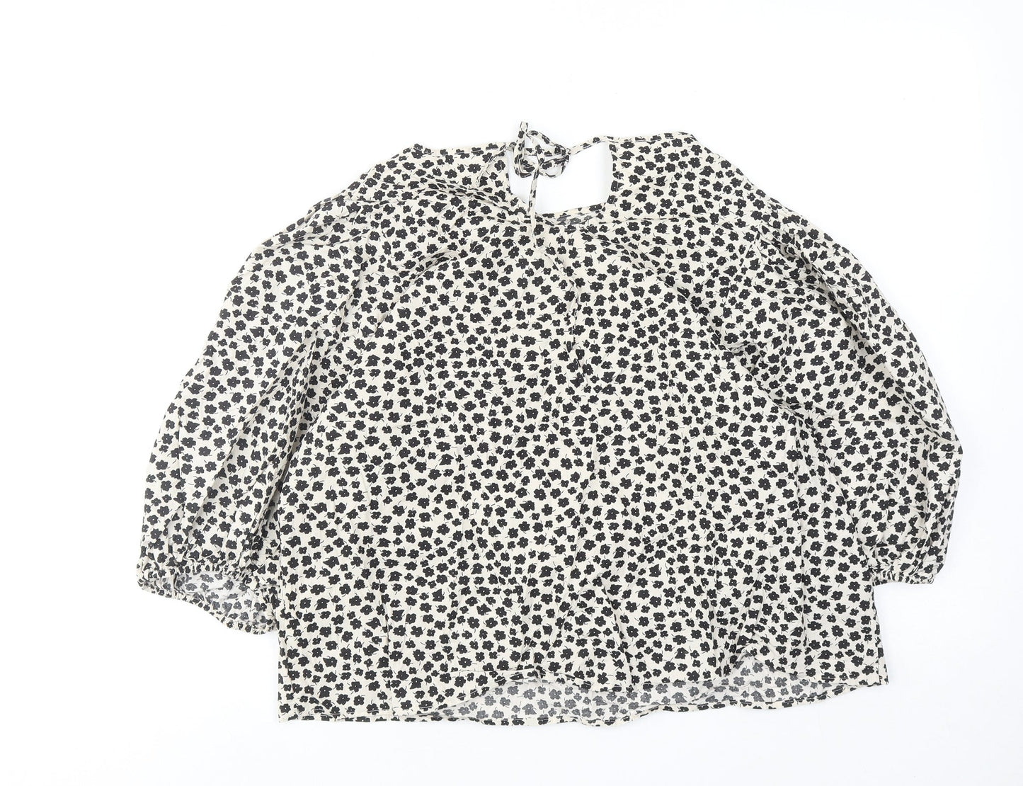 H&M Womens Beige Floral Cotton Basic Blouse Size L Boat Neck