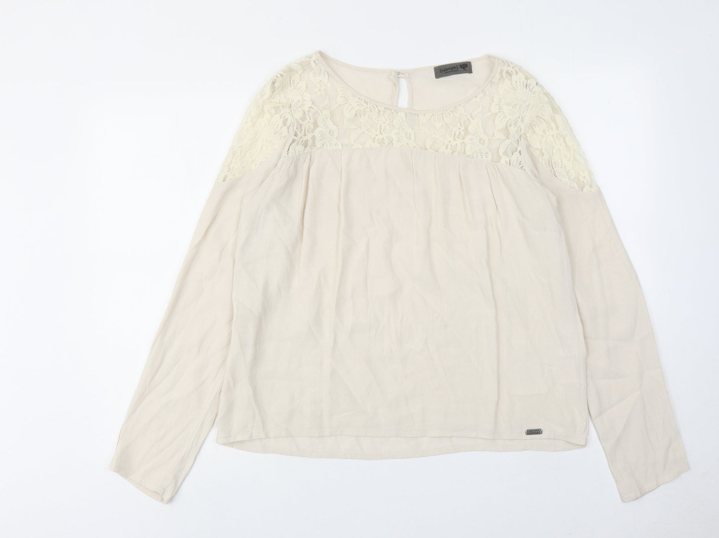 Numph Womens Beige Viscose Basic Blouse Size 12 Round Neck - Lace Neckline