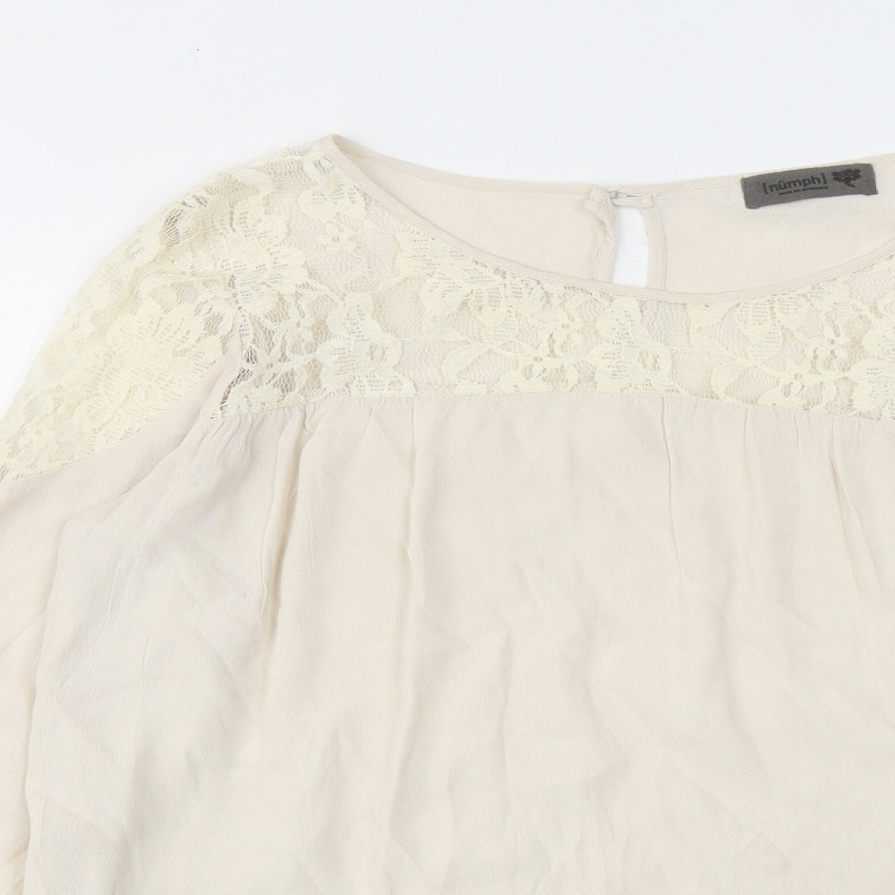 Numph Womens Beige Viscose Basic Blouse Size 12 Round Neck - Lace Neckline