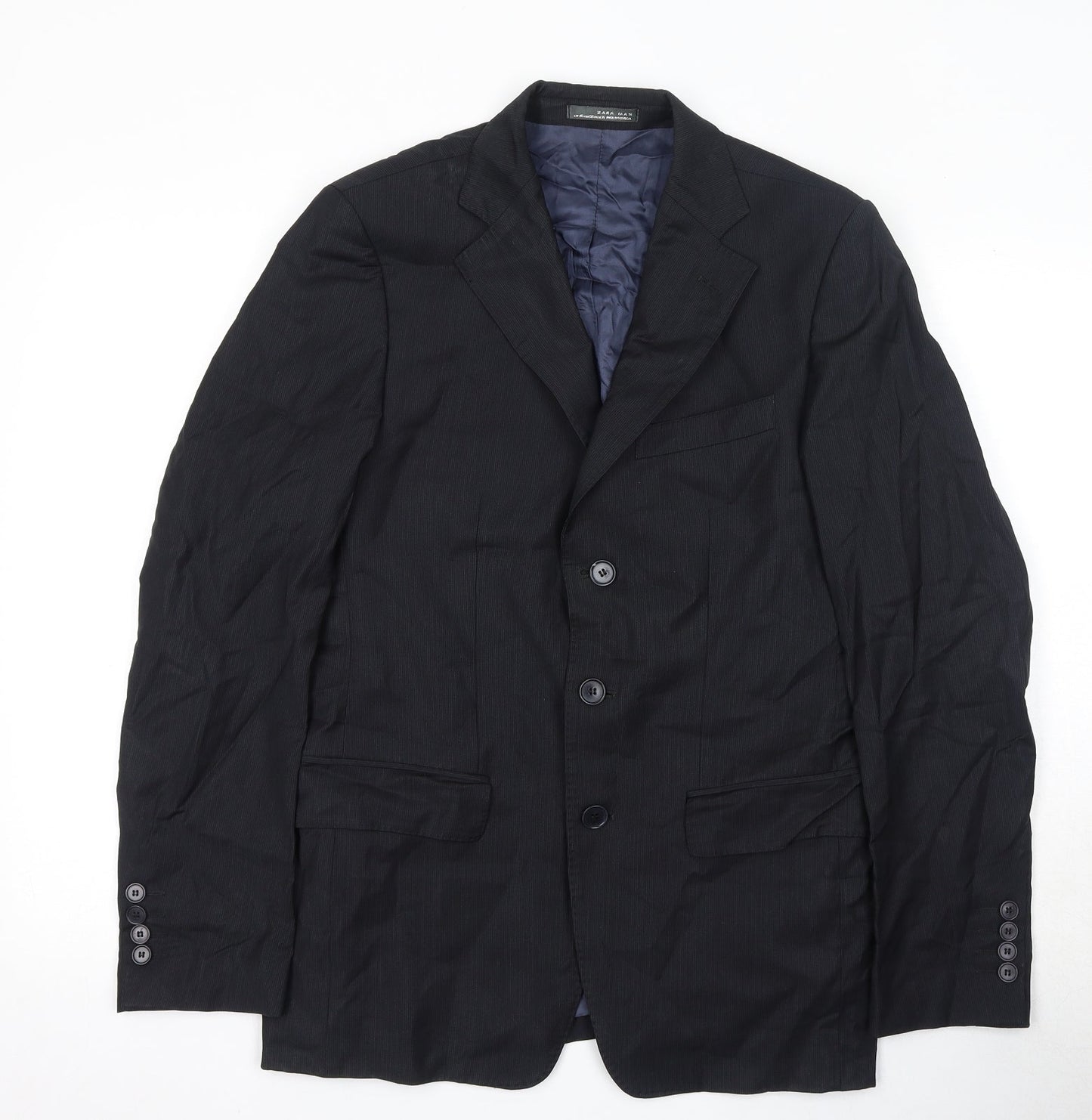 Zara Mens Black Striped Wool Jacket Suit Jacket Size S Regular - Shoulder Pads