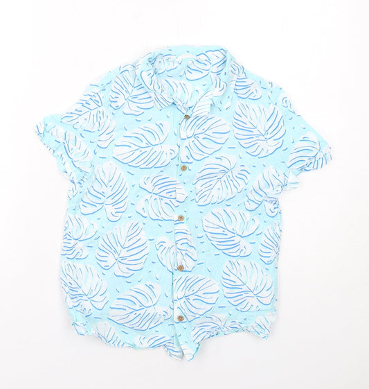 Marks and Spencer Boys Blue Geometric Cotton Basic Button-Up Size 8-9 Years Collared Button - Leaf Print