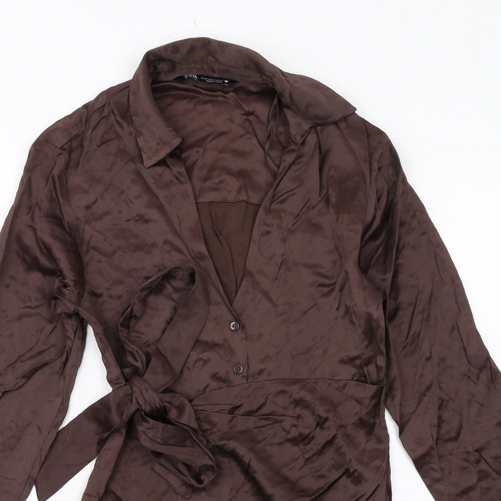 Zara Womens Brown Viscose Shirt Dress Size XS Collared Button