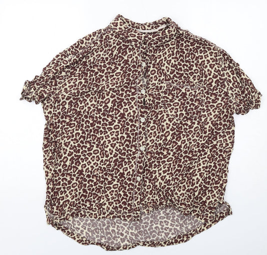 We The Free Womens Brown Animal Print Viscose Basic Button-Up Size L Collared - Leopard Print