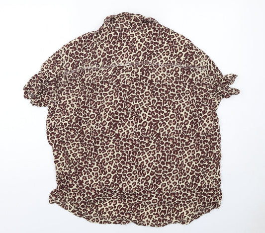 We The Free Womens Brown Animal Print Viscose Basic Button-Up Size L Collared - Leopard Print