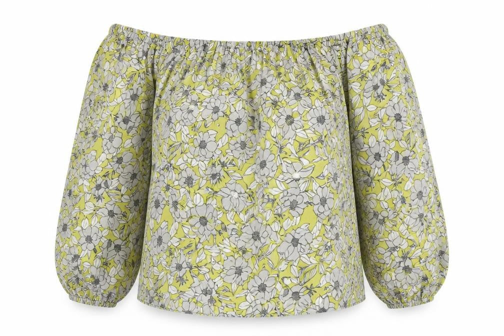 Front view of Miss Selfridge women’s yellow floral polyester basic blouse, size UK 6, off the shoulder