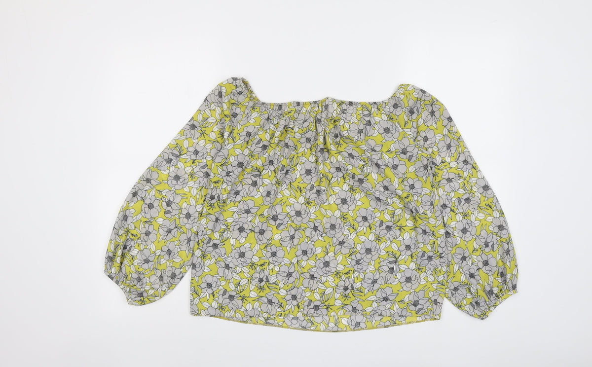 Back view of Miss Selfridge women’s yellow floral polyester basic blouse, size UK 6, off the shoulder