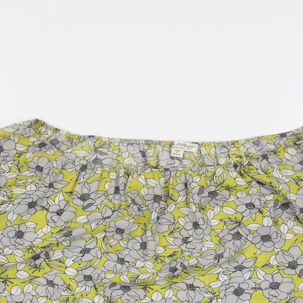 Close-up detail of Miss Selfridge women’s yellow floral polyester basic blouse, size UK 6, off the shoulder