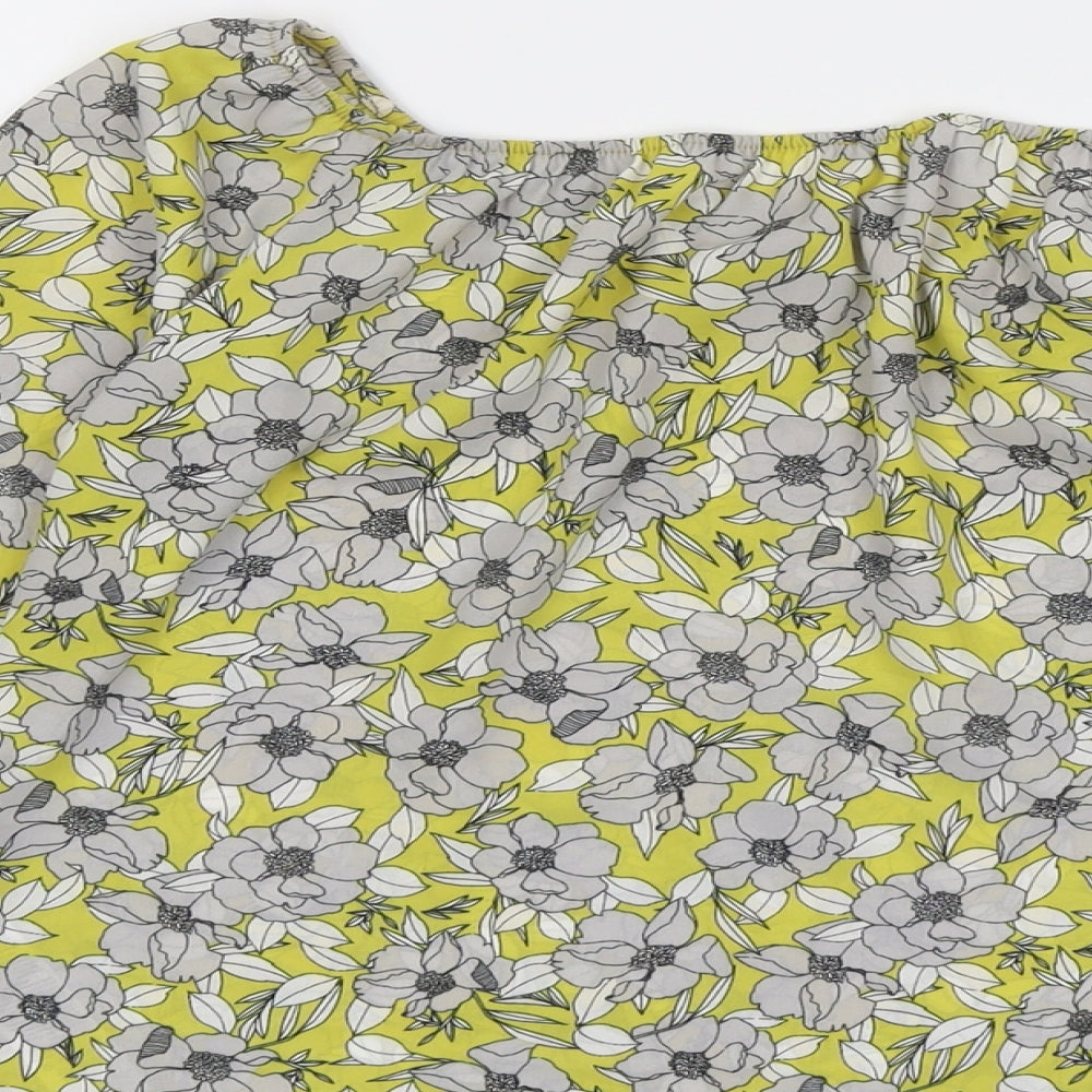 Brand and care label for Miss Selfridge women’s yellow floral polyester basic blouse, size UK 6, off the shoulder