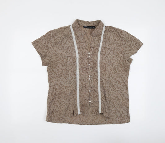 Lauren Taylor Womens Brown Geometric Cotton Basic Button-Up Size M V-Neck