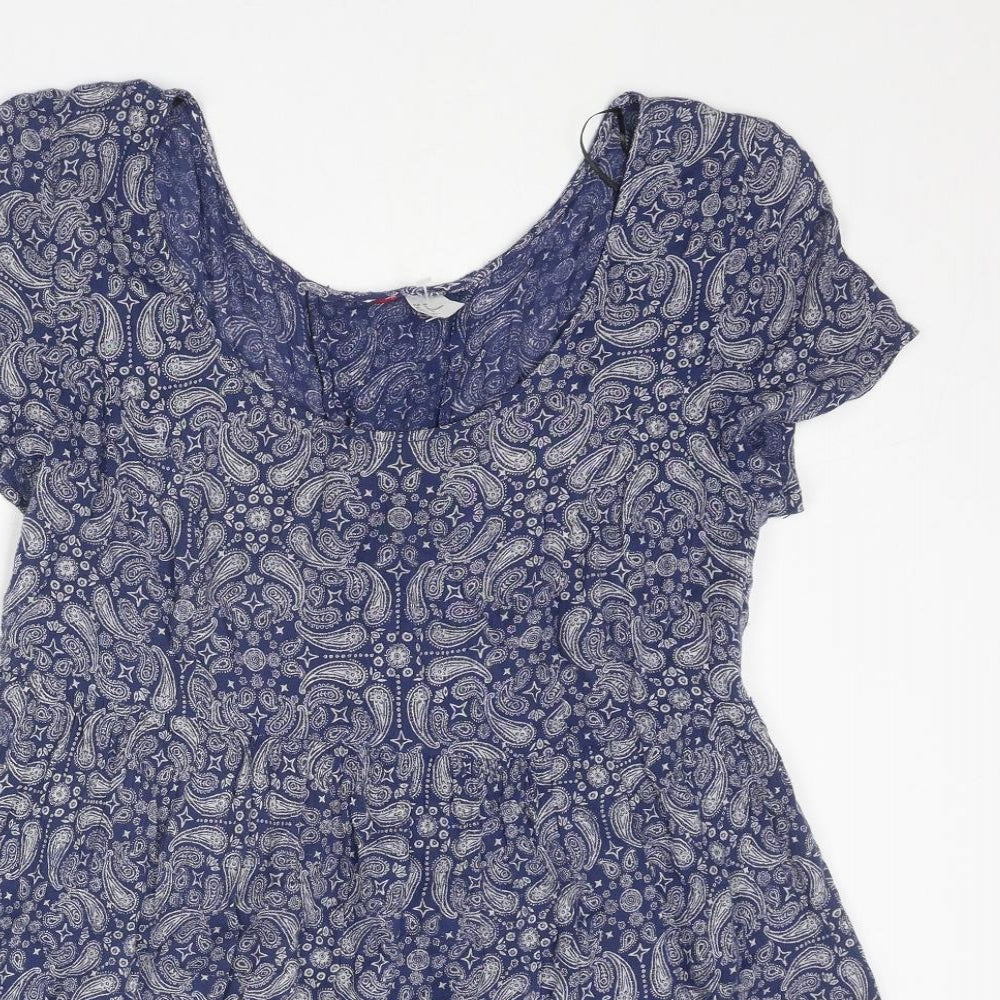 Divided by H&M Womens Blue Geometric Viscose A-Line Size 10 Round Neck Lace Up