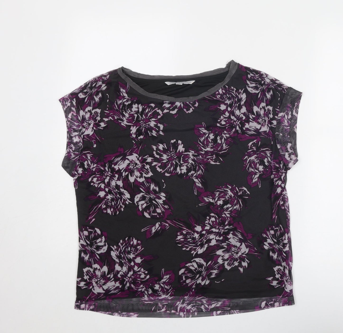 Adrienne Vittadini Womens Grey Floral Polyester Basic T-Shirt Size S Round Neck