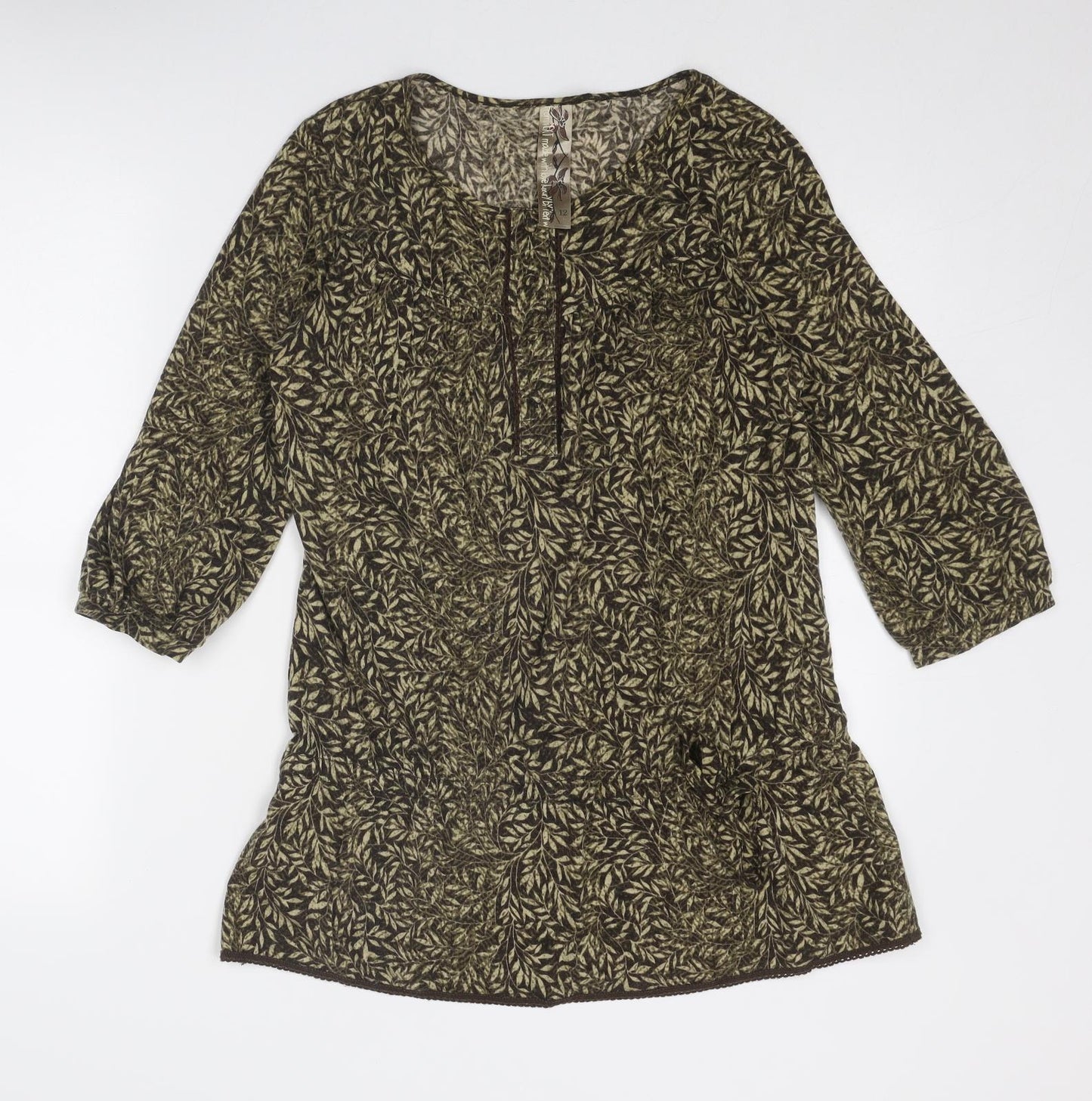 NEXT Womens Brown Geometric Acrylic Basic Blouse Size 12 Round Neck