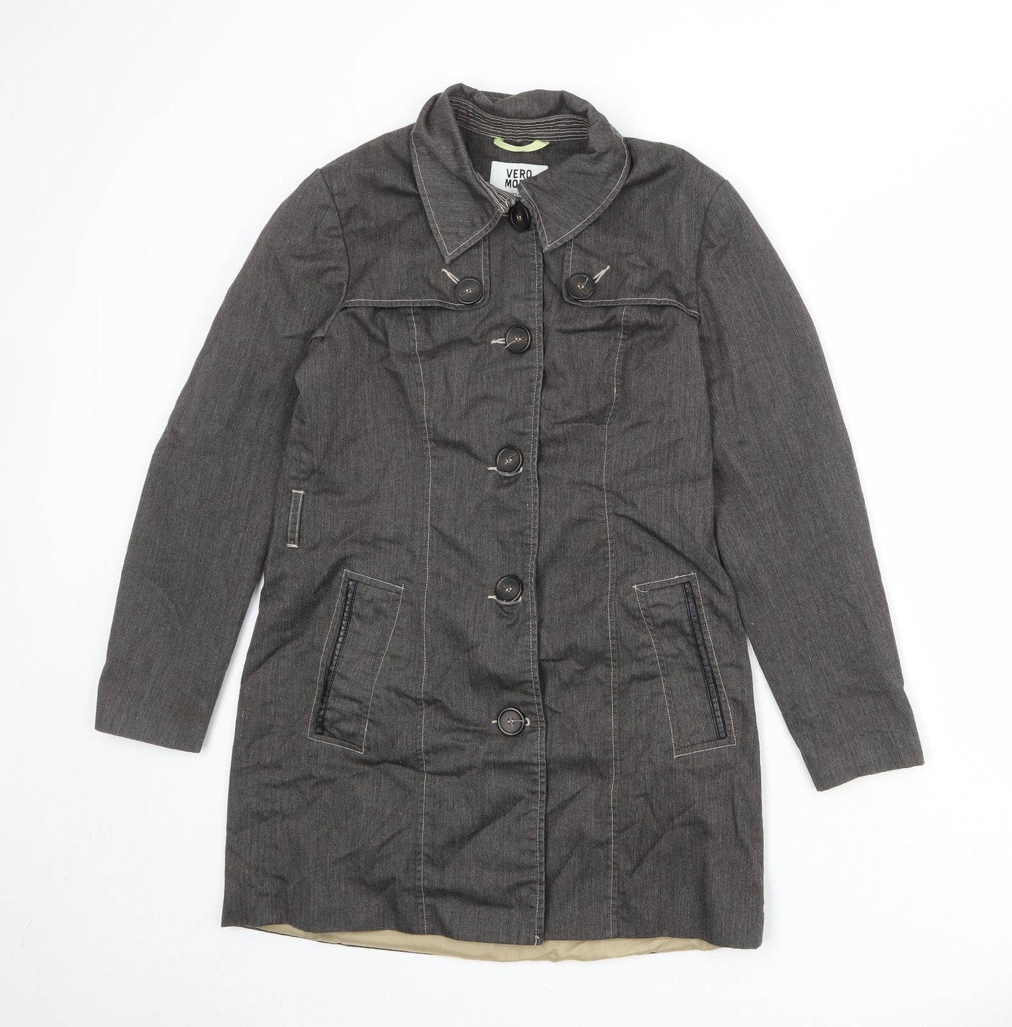 VERO MODA Womens Grey Overcoat Coat Size L Button