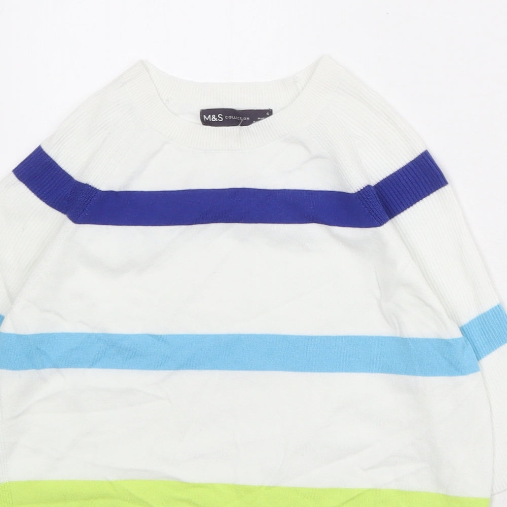 Marks and Spencer Womens White Round Neck Striped Cotton Pullover Jumper Size S
