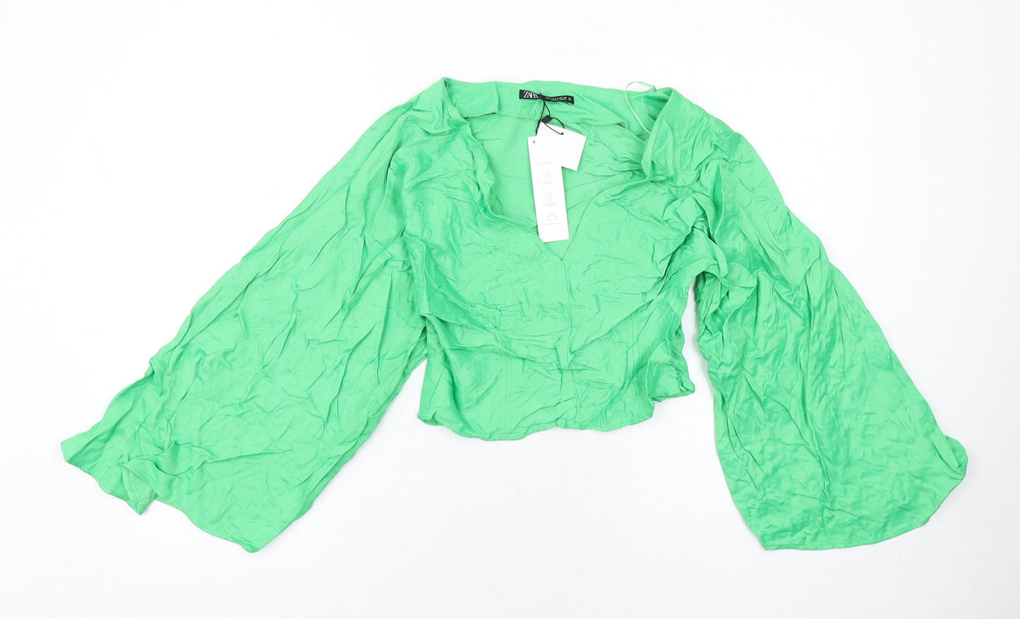 Zara Womens Green Viscose Basic Blouse Size S V-Neck