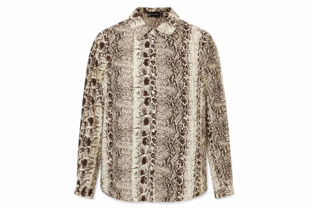 PRETTYLITTLETHING Womens Beige Animal Print Polyester Basic Button-Up Size 10 Collared - Snake Skin Pattern