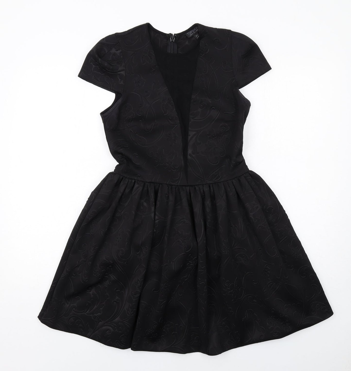 Topshop Womens Black Geometric Polyester Fit & Flare Size 12 Round Neck Zip