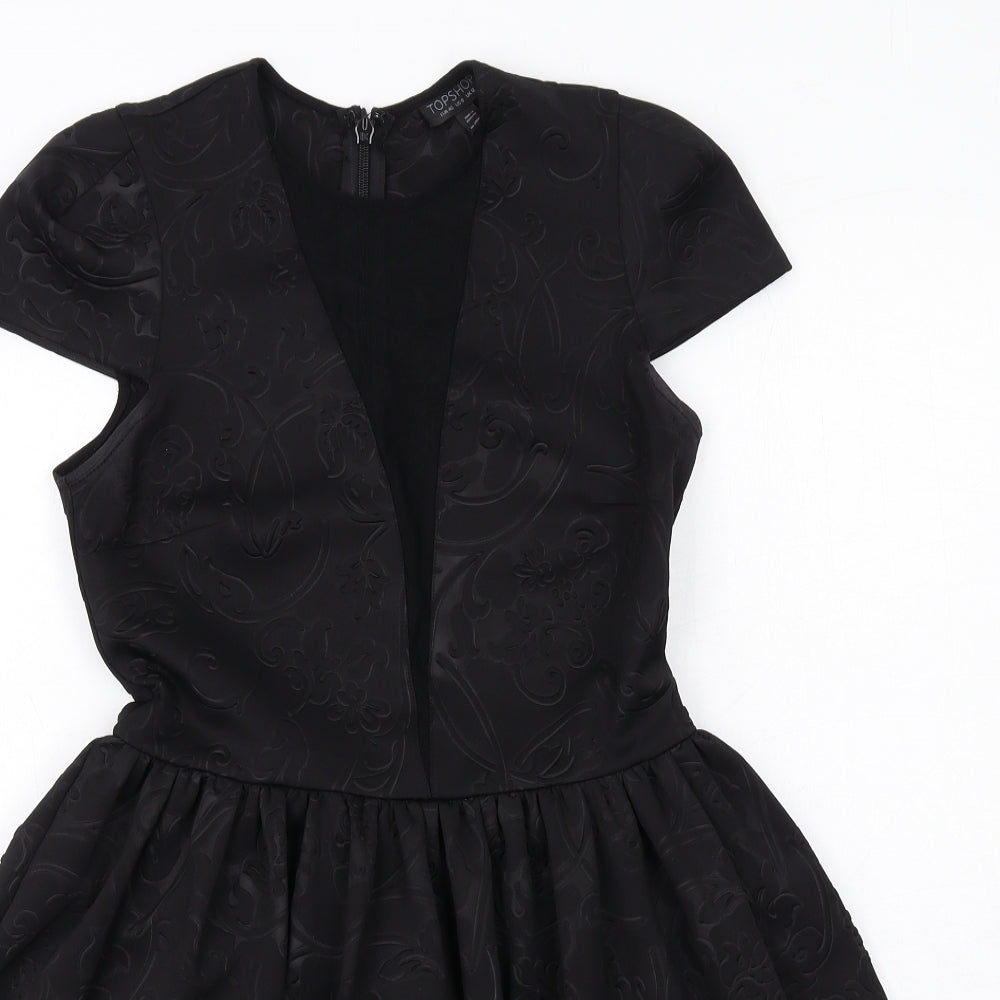 Topshop Womens Black Geometric Polyester Fit & Flare Size 12 Round Neck Zip