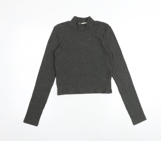 Pull&Bear Womens Grey Polyester Basic T-Shirt Size S Mock Neck