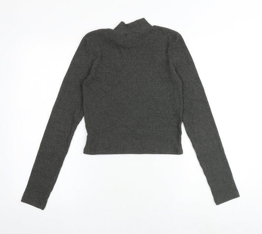 Pull&Bear Womens Grey Polyester Basic T-Shirt Size S Mock Neck