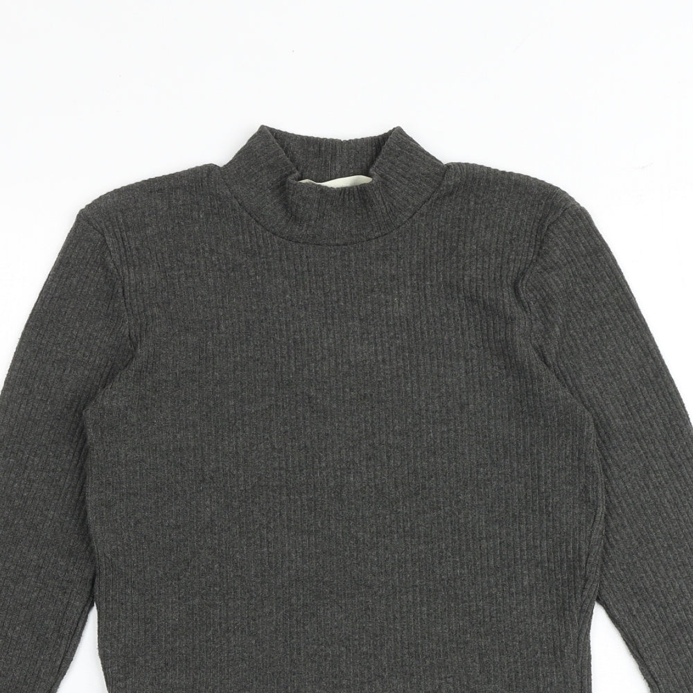 Pull&Bear Womens Grey Polyester Basic T-Shirt Size S Mock Neck