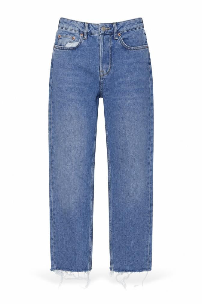 Front view of BDG women’s blue cotton straight jeans, size UK 27, in, 25-inch leg regular button