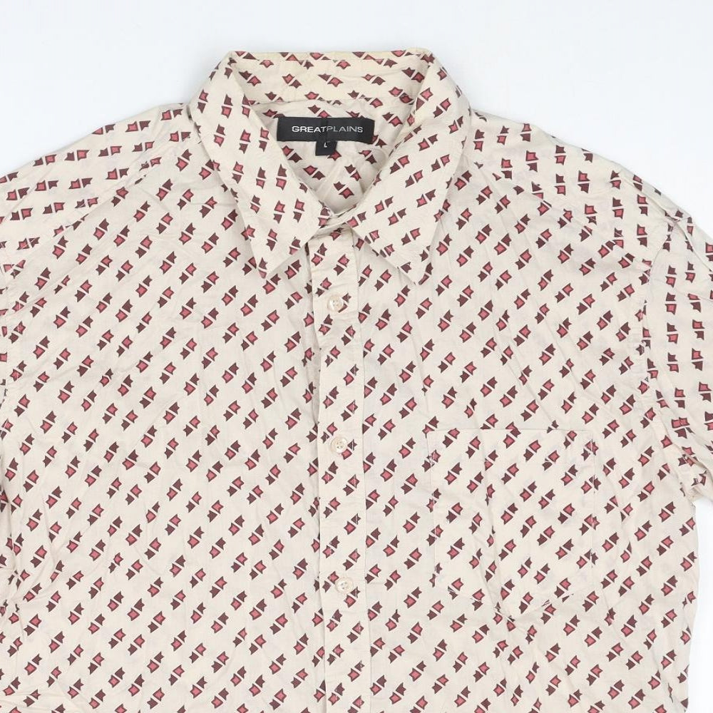 Great Plains Mens Beige Geometric Cotton Button-Up Size L Collared Button
