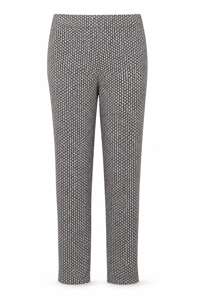 Front view of Dunnes women’s multicoloured geometric viscose trousers, size UK 10, regular zip
